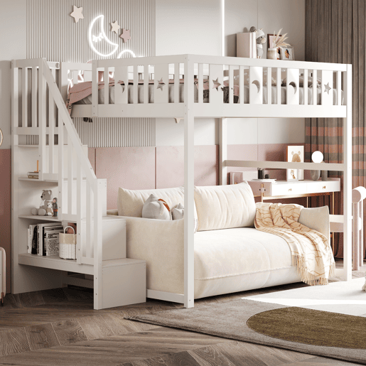 Cama alta infantil 140x200 - Com escada, cama de madeira maciça com grade de segurança, decoração de estrelas e lua - Branco Cama alta infantil 140x200 - Com escada, cama de madeira maciça com grade de segurança, decoração de estrelas e lua - Branco
