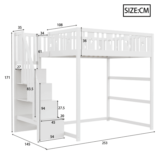 Cama alta infantil 140x200 - Com escada, cama de madeira maciça com grade de segurança, decoração de estrelas e lua - Branco Cama alta infantil 140x200 - Com escada, cama de madeira maciça com grade de segurança, decoração de estrelas e lua - Branco