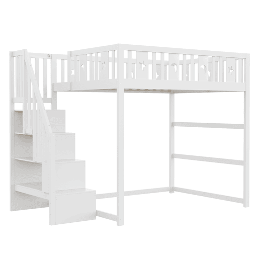 Cama alta infantil 140x200 - Com escada, cama de madeira maciça com grade de segurança, decoração de estrelas e lua - Branco Cama alta infantil 140x200 - Com escada, cama de madeira maciça com grade de segurança, decoração de estrelas e lua - Branco