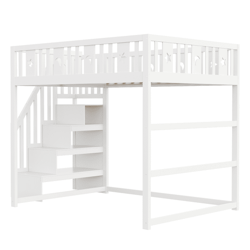 Cama alta infantil 140x200 - Com escada, cama de madeira maciça com grade de segurança, decoração de estrelas e lua - Branco Cama alta infantil 140x200 - Com escada, cama de madeira maciça com grade de segurança, decoração de estrelas e lua - Branco