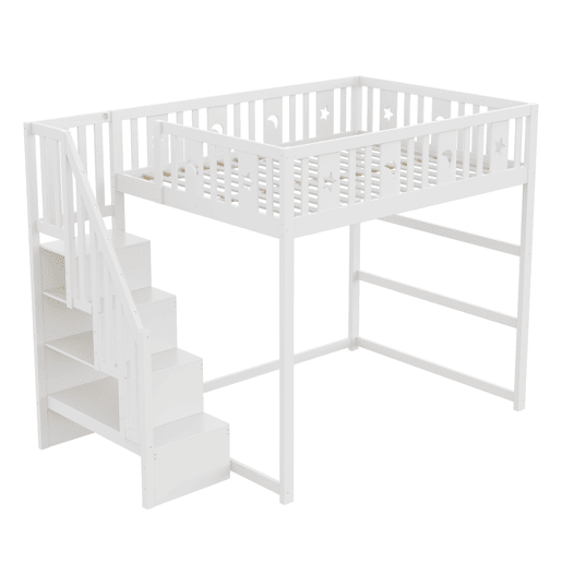 Cama alta infantil 140x200 - Com escada, cama de madeira maciça com grade de segurança, decoração de estrelas e lua - Branco Cama alta infantil 140x200 - Com escada, cama de madeira maciça com grade de segurança, decoração de estrelas e lua - Branco