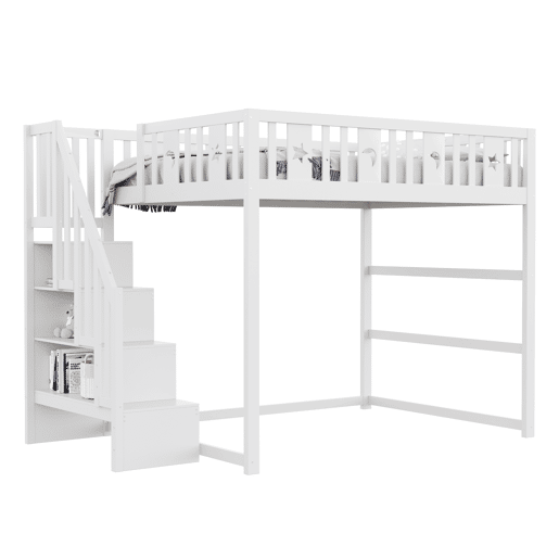 Cama alta infantil 140x200 - Com escada, cama de madeira maciça com grade de segurança, decoração de estrelas e lua - Branco Cama alta infantil 140x200 - Com escada, cama de madeira maciça com grade de segurança, decoração de estrelas e lua - Branco