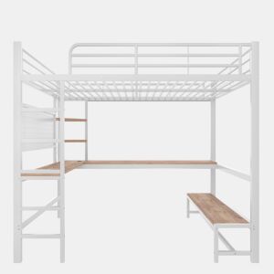 Cama loft 140x200 cm - Secretária, Frigorífico, Escada, USB + Tipo C, LED, Branco
