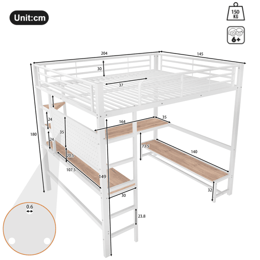 Cama loft 140x200 cm - Secretária, Frigorífico, Escada, USB + Tipo C, LED, Branco