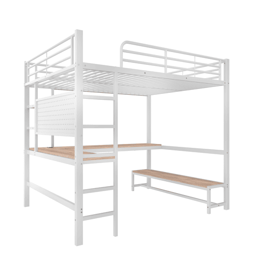 Cama loft 140x200 cm - Secretária, Frigorífico, Escada, USB + Tipo C, LED, Branco