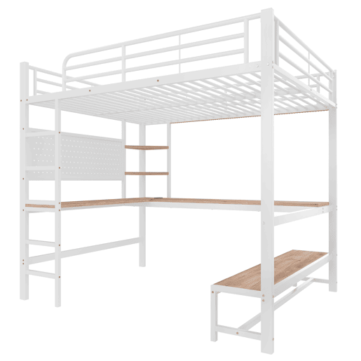 Cama loft 140x200 cm - Secretária, Frigorífico, Escada, USB + Tipo C, LED, Branco