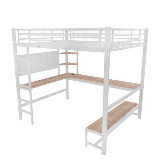 Cama loft 140x200 cm - Secretária, Frigorífico, Escada, USB + Tipo C, LED, Branco
