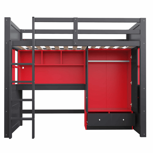 Cama alta 90 x 200 cm u2013 com escada, espaço de arrumação, secretária, roupeiro e gavetas, estilo gaming para crianças e jovens u2013 preto e vermelho Cama alta 90 x 200 cm u2013 com escada, espaço de arrumação, secretária, roupeiro e gavetas, estilo gaming para crianças e jovens u2013 preto e vermelho