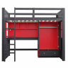 Cama alta 90 x 200 cm u2013 com escada, espaço de arrumação, secretária, roupeiro e gavetas, estilo gaming para crianças e jovens u2013 preto e vermelho