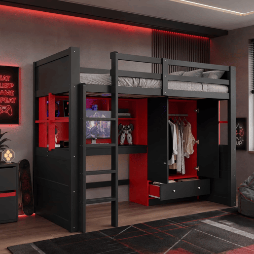 Cama alta 90 x 200 cm u2013 com escada, espaço de arrumação, secretária, roupeiro e gavetas, estilo gaming para crianças e jovens u2013 preto e vermelho Cama alta 90 x 200 cm u2013 com escada, espaço de arrumação, secretária, roupeiro e gavetas, estilo gaming para crianças e jovens u2013 preto e vermelho