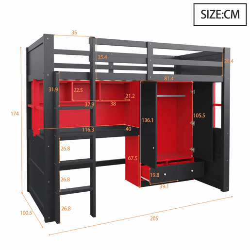 Cama alta 90 x 200 cm u2013 com escada, espaço de arrumação, secretária, roupeiro e gavetas, estilo gaming para crianças e jovens u2013 preto e vermelho Cama alta 90 x 200 cm u2013 com escada, espaço de arrumação, secretária, roupeiro e gavetas, estilo gaming para crianças e jovens u2013 preto e vermelho