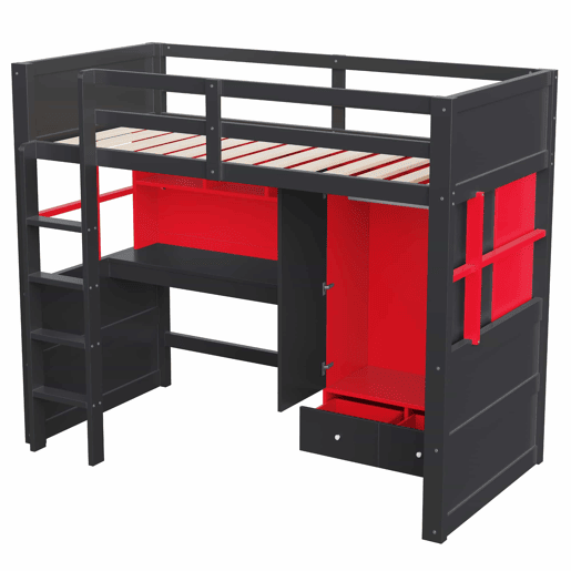 Cama alta 90 x 200 cm u2013 com escada, espaço de arrumação, secretária, roupeiro e gavetas, estilo gaming para crianças e jovens u2013 preto e vermelho Cama alta 90 x 200 cm u2013 com escada, espaço de arrumação, secretária, roupeiro e gavetas, estilo gaming para crianças e jovens u2013 preto e vermelho