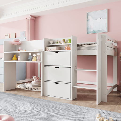 Cama semi-alta 90x200 cm - Casa, vários compartimentos de arrumação, área de entretenimento, branca Cama semi-alta 90x200 cm - Casa, vários compartimentos de arrumação, área de entretenimento, branca