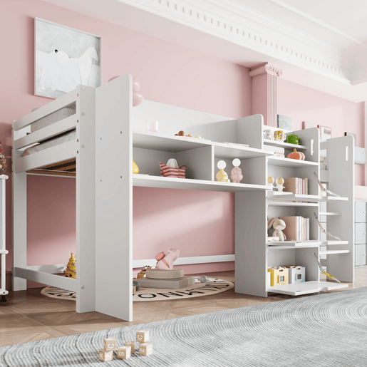 Cama semi-alta 90x200 cm - Casa, vários compartimentos de arrumação, área de entretenimento, branca Cama semi-alta 90x200 cm - Casa, vários compartimentos de arrumação, área de entretenimento, branca