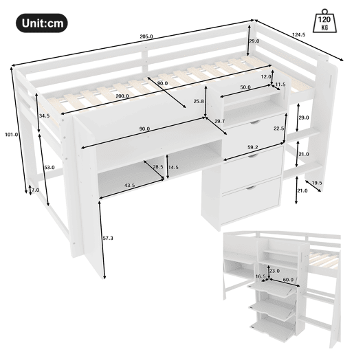 Cama semi-alta 90x200 cm - Casa, vários compartimentos de arrumação, área de entretenimento, branca Cama semi-alta 90x200 cm - Casa, vários compartimentos de arrumação, área de entretenimento, branca