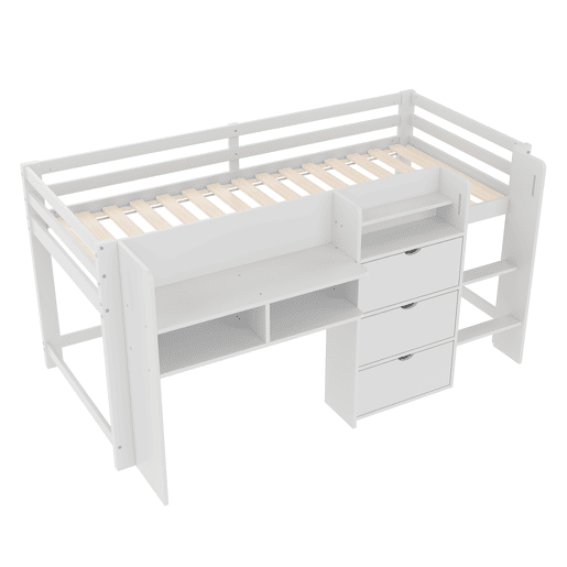Cama semi-alta 90x200 cm - Casa, vários compartimentos de arrumação, área de entretenimento, branca Cama semi-alta 90x200 cm - Casa, vários compartimentos de arrumação, área de entretenimento, branca