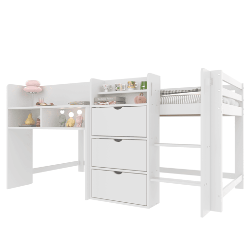 Cama semi-alta 90x200 cm - Casa, vários compartimentos de arrumação, área de entretenimento, branca Cama semi-alta 90x200 cm - Casa, vários compartimentos de arrumação, área de entretenimento, branca