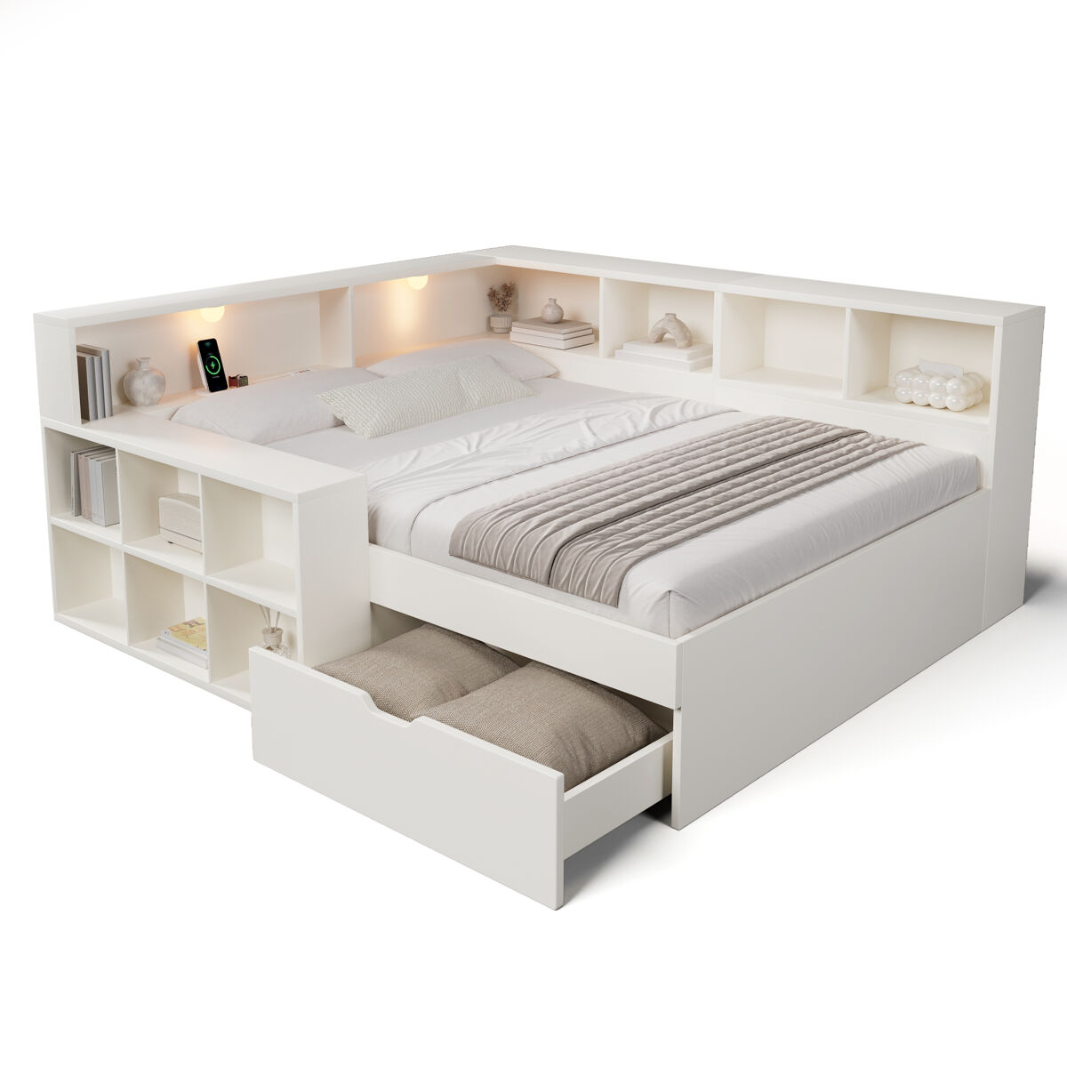 Cama juvenil,cama de matrimonio de madera maciza 140x190 cm,blanco