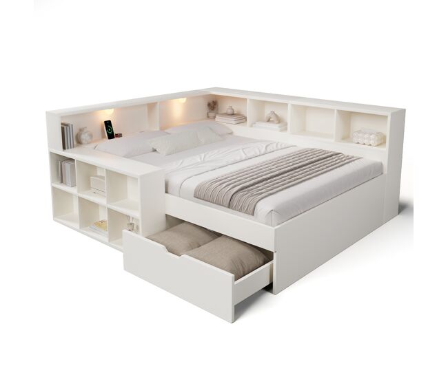 Cama juvenil,cama de matrimonio de madera maciza 140x190 cm,blanco