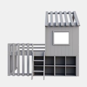 Cama infantil 90x200 - Com teto e janela, com armazenamento aberto e escada, cama dupla de madeira maciça sem colchão - Cinza