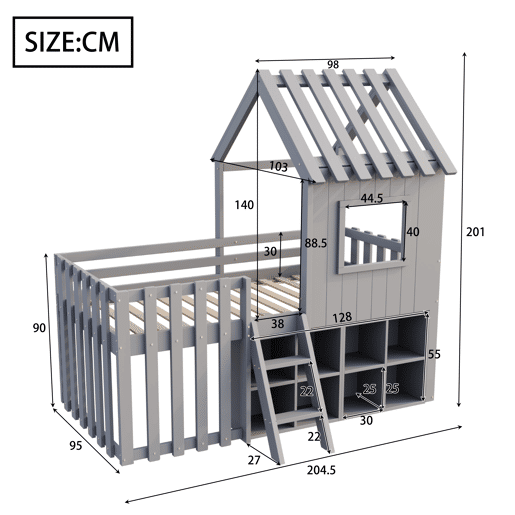 Cama infantil 90x200 - Com teto e janela, com armazenamento aberto e escada, cama dupla de madeira maciça sem colchão - Cinza