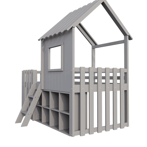 Cama infantil 90x200 - Com teto e janela, com armazenamento aberto e escada, cama dupla de madeira maciça sem colchão - Cinza