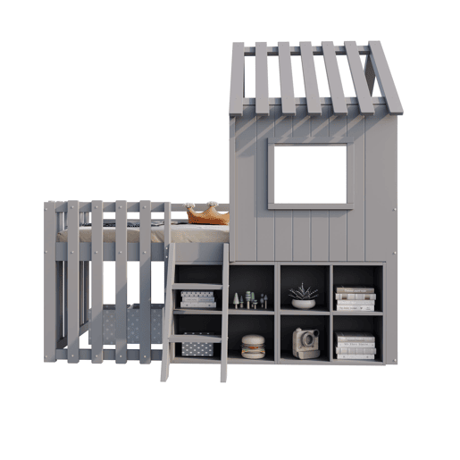 Cama infantil 90x200 - Com teto e janela, com armazenamento aberto e escada, cama dupla de madeira maciça sem colchão - Cinza