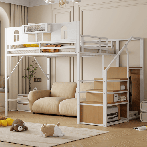 Cama alta metálica 140x200 - Com escada de arrumação, janela, madeira e tecido, estrutura estável - Branca