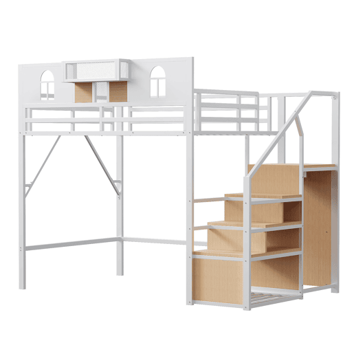 Cama alta metálica 140x200 - Com escada de arrumação, janela, madeira e tecido, estrutura estável - Branca