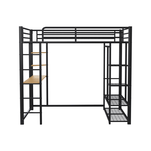 Cama mezzanine metálica 140x200 cm - com mesa e prateleiras - Preto Cama mezzanine metálica 140x200 cm - com mesa e prateleiras - Preto