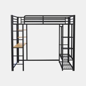 Cama mezzanine metálica 140x200 cm - com mesa e prateleiras - Preto