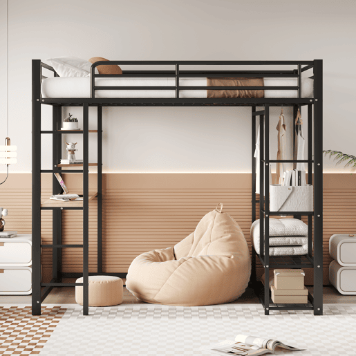 Cama mezzanine metálica 140x200 cm - com mesa e prateleiras - Preto Cama mezzanine metálica 140x200 cm - com mesa e prateleiras - Preto