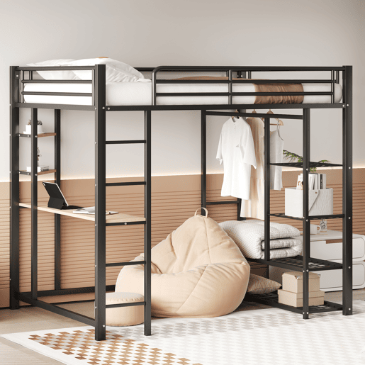Cama mezzanine metálica 140x200 cm - com mesa e prateleiras - Preto Cama mezzanine metálica 140x200 cm - com mesa e prateleiras - Preto