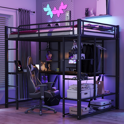 Cama mezzanine metálica 140x200 cm - com mesa e prateleiras - Preto Cama mezzanine metálica 140x200 cm - com mesa e prateleiras - Preto
