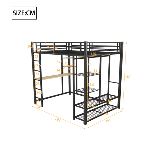 Cama mezzanine metálica 140x200 cm - com mesa e prateleiras - Preto Cama mezzanine metálica 140x200 cm - com mesa e prateleiras - Preto