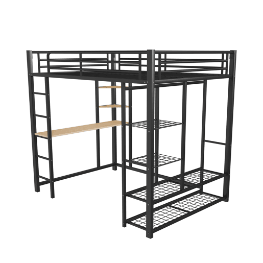 Cama mezzanine metálica 140x200 cm - com mesa e prateleiras - Preto Cama mezzanine metálica 140x200 cm - com mesa e prateleiras - Preto