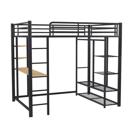 Cama mezzanine metálica 140x200 cm - com mesa e prateleiras - Preto Cama mezzanine metálica 140x200 cm - com mesa e prateleiras - Preto