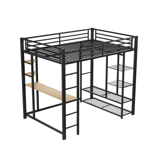 Cama mezzanine metálica 140x200 cm - com mesa e prateleiras - Preto Cama mezzanine metálica 140x200 cm - com mesa e prateleiras - Preto