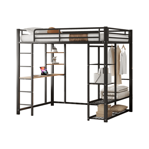 Cama mezzanine metálica 140x200 cm - com mesa e prateleiras - Preto Cama mezzanine metálica 140x200 cm - com mesa e prateleiras - Preto