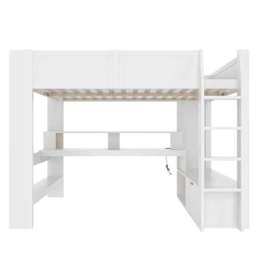 Cama alta 140x200 cm - Cama gaming com secretária, LED, gaveta, prateleiras, sem colchão - Branco Cama alta 140x200 cm - Cama gaming com secretária, LED, gaveta, prateleiras, sem colchão - Branco