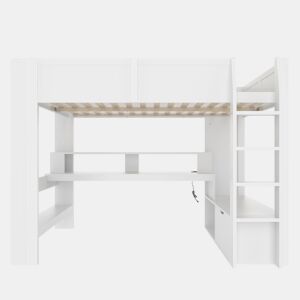 Cama alta 140x200 cm - Cama gaming com secretária, LED, gaveta, prateleiras, sem colchão - Branco