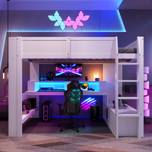 Cama alta 140x200 cm - Cama gaming com secretária, LED, gaveta, prateleiras, sem colchão - Branco Cama alta 140x200 cm - Cama gaming com secretária, LED, gaveta, prateleiras, sem colchão - Branco