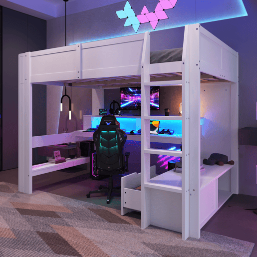 Cama alta 140x200 cm - Cama gaming com secretária, LED, gaveta, prateleiras, sem colchão - Branco Cama alta 140x200 cm - Cama gaming com secretária, LED, gaveta, prateleiras, sem colchão - Branco