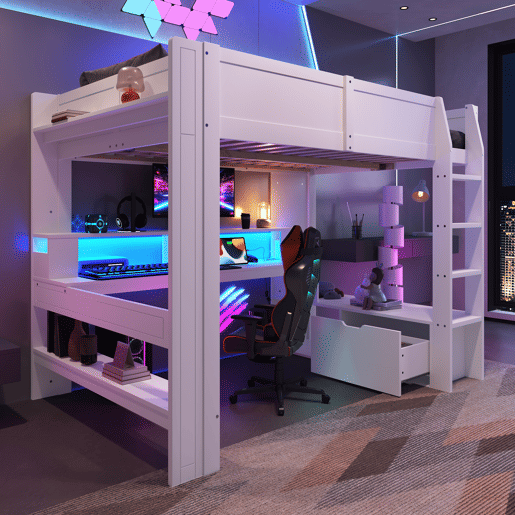 Cama alta 140x200 cm - Cama gaming com secretária, LED, gaveta, prateleiras, sem colchão - Branco Cama alta 140x200 cm - Cama gaming com secretária, LED, gaveta, prateleiras, sem colchão - Branco