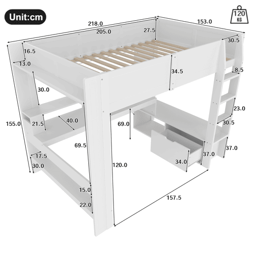 Cama alta 140x200 cm - Cama gaming com secretária, LED, gaveta, prateleiras, sem colchão - Branco Cama alta 140x200 cm - Cama gaming com secretária, LED, gaveta, prateleiras, sem colchão - Branco