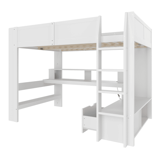 Cama alta 140x200 cm - Cama gaming com secretária, LED, gaveta, prateleiras, sem colchão - Branco Cama alta 140x200 cm - Cama gaming com secretária, LED, gaveta, prateleiras, sem colchão - Branco