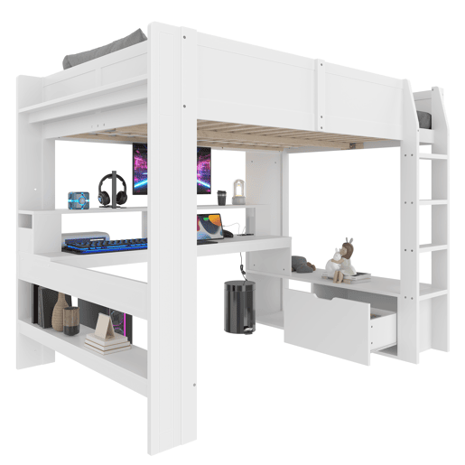 Cama alta 140x200 cm - Cama gaming com secretária, LED, gaveta, prateleiras, sem colchão - Branco Cama alta 140x200 cm - Cama gaming com secretária, LED, gaveta, prateleiras, sem colchão - Branco