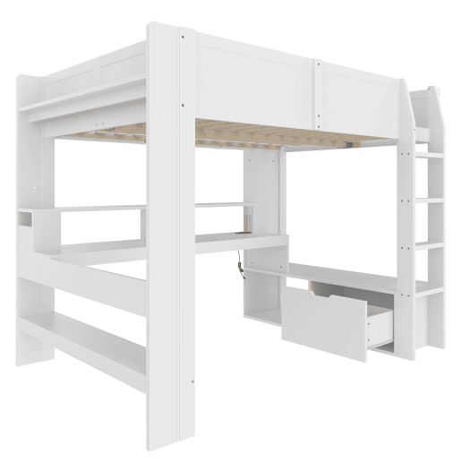 Cama alta 140x200 cm - Cama gaming com secretária, LED, gaveta, prateleiras, sem colchão - Branco Cama alta 140x200 cm - Cama gaming com secretária, LED, gaveta, prateleiras, sem colchão - Branco