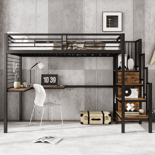 Beliche 90x200cm - Com mesa e armário, com escada lateral, ferro e painel de partículas - Preto+Madeira escura Beliche 90x200cm - Com mesa e armário, com escada lateral, ferro e painel de partículas - Preto+Madeira escura