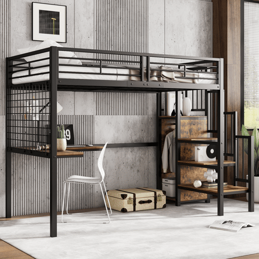 Beliche 90x200cm - Com mesa e armário, com escada lateral, ferro e painel de partículas - Preto+Madeira escura Beliche 90x200cm - Com mesa e armário, com escada lateral, ferro e painel de partículas - Preto+Madeira escura